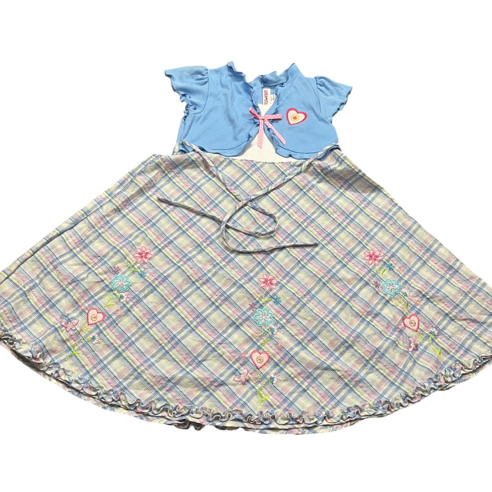 Emily West Girls Blue Plaid Floral Heart Embroidered Dress Size 10 Pastel Skirt